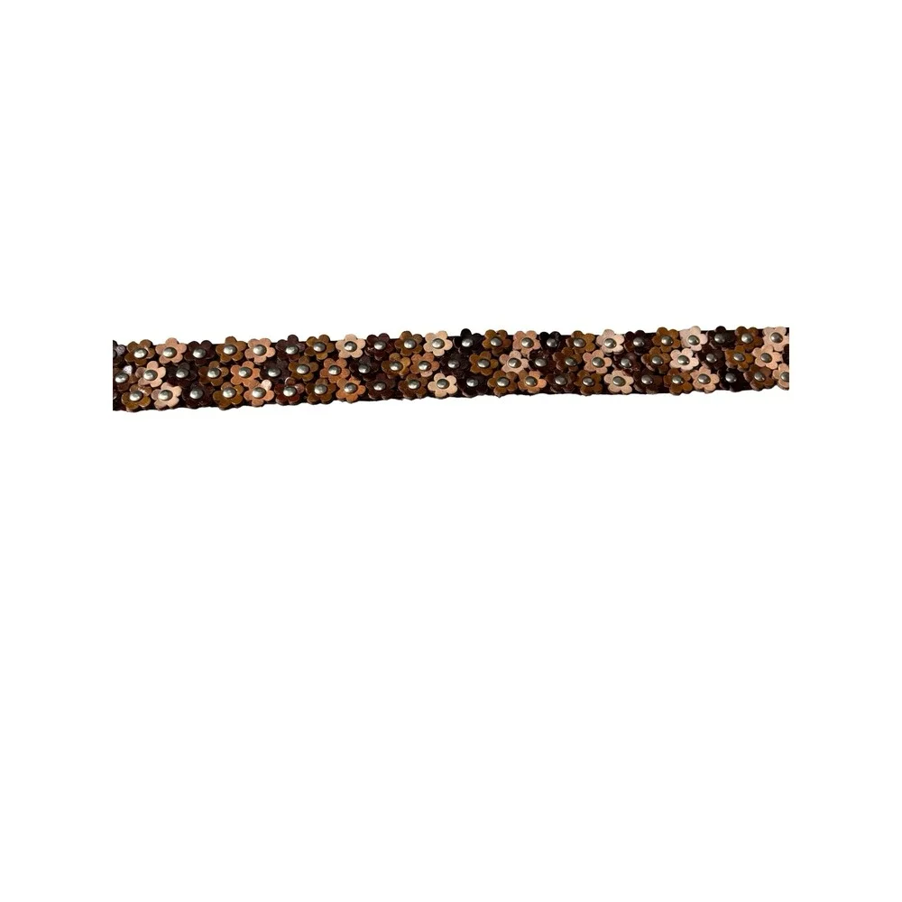 Y2K Brown Leather Floral Studded Belt Large 3D Flower Applique Boho 38in